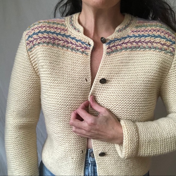 Vtg Hand Knit Embroidered 100% Pure Wool Pastel Rosebud Ivory Cardigan Sweater - Picture 11 of 16